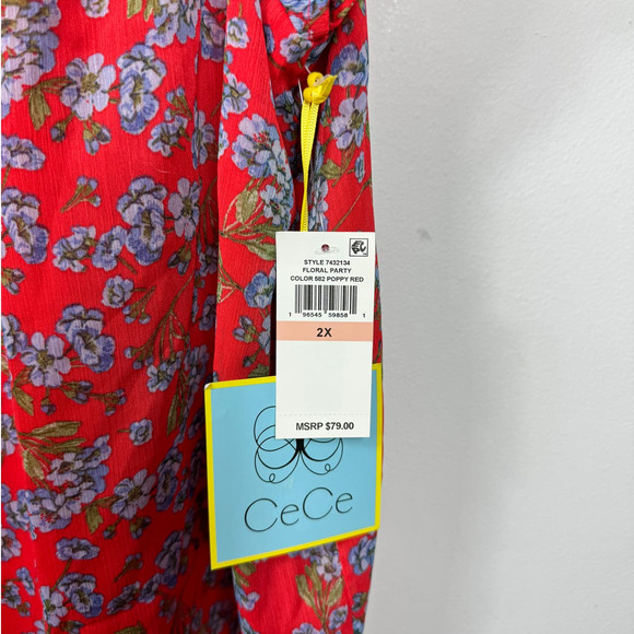 CeCe Flutter Sleeve Floral Print Tie Neck Blouse in Poppy Red Size 2X - Picture 7 of 8
